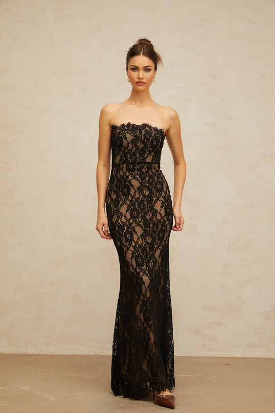 Annie Black Lace Mermaid Maxi Dress with Off-the-Shoulder Design