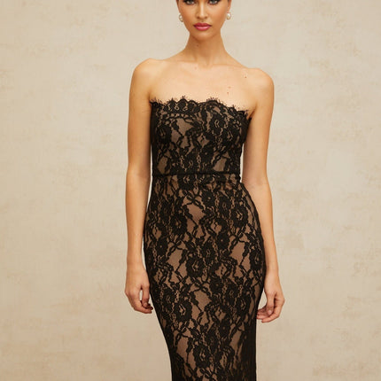 Annie Black Lace Mermaid Maxi Dress with Off-the-Shoulder Design and Frayed Edge