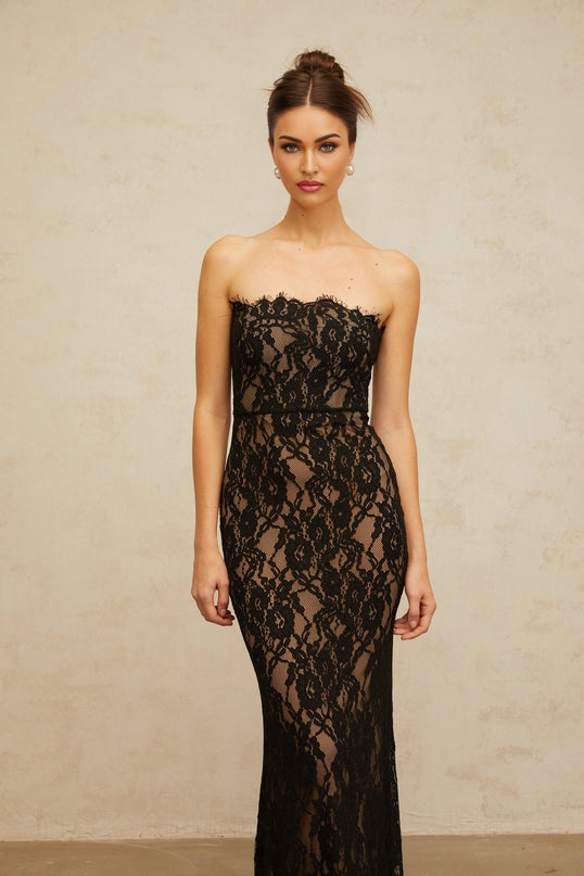 Annie Black Lace Mermaid Maxi Dress with Off-the-Shoulder Design and Frayed Edge