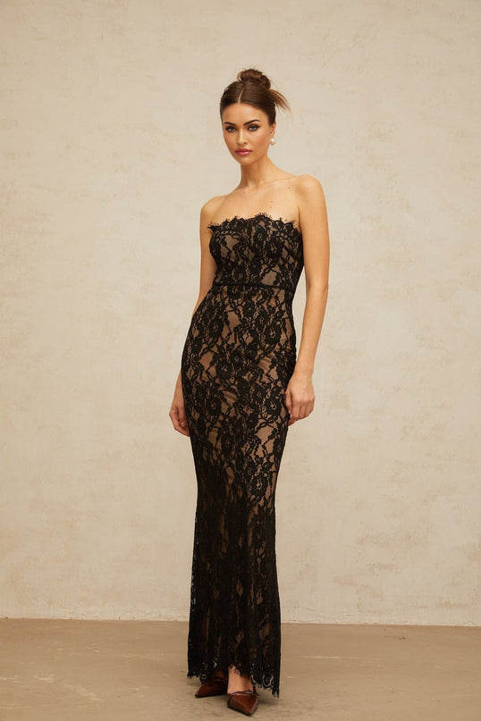 Annie Black Lace Mermaid Maxi Dress with Off-the-Shoulder Design