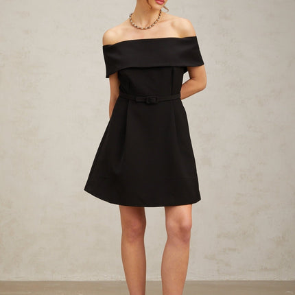 Annie Black Off-the-Shoulder Mini Dress in Luxurious Terylene with Belted Waist and Flared Skirt