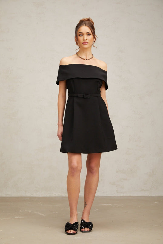 Annie Black Off-the-Shoulder Mini Dress with Belted Waist and Side Slit Pockets in Luxurious Terylene Fabric