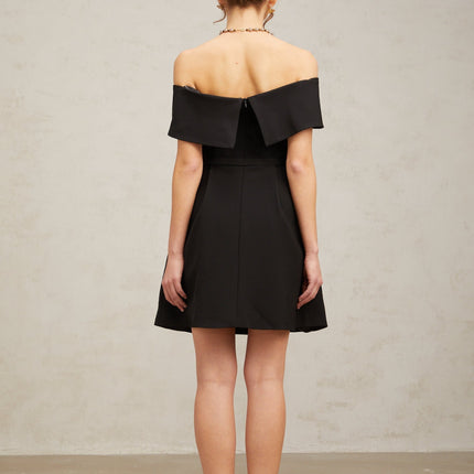 Annie Black Off-the-Shoulder Mini Dress with Belted Waist and Side Slit Pockets in 100% Terylene Fabric