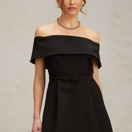 Annie Black Off-the-Shoulder Mini Dress with Belted Waist and Side Slit Pockets in Luxurious Terylene Fabric