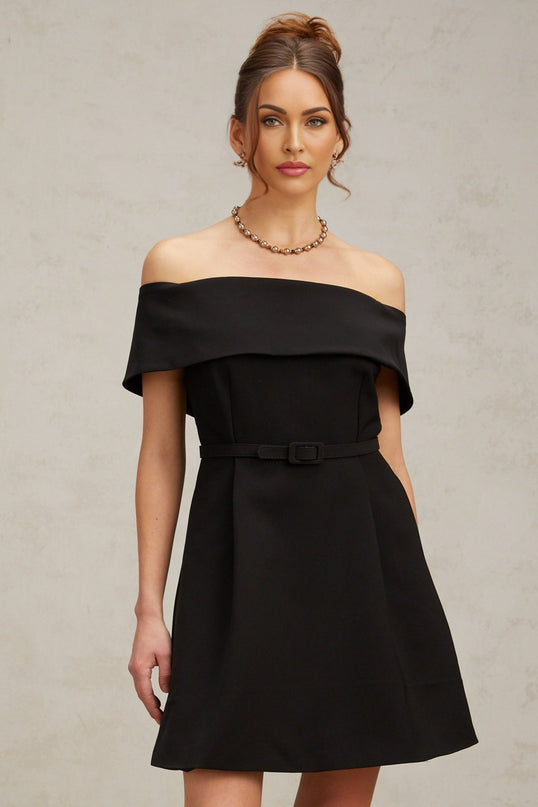 Annie Black Off-the-Shoulder Mini Dress with Belted Waist and Side Slit Pockets in Luxurious Terylene Fabric