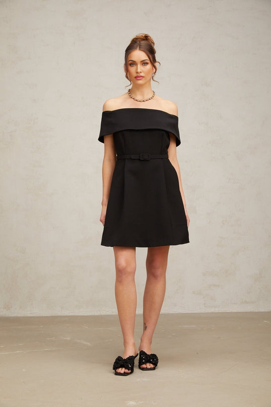 Annie Black Off-the-Shoulder Mini Dress with Belted Waist and Side Slit Pockets in Luxurious Terylene Fabric