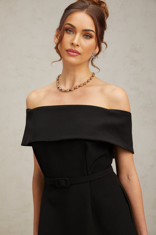 Annie Black Terylene Off-the-Shoulder Mini Dress with Belted Waist and Side Slit Pockets