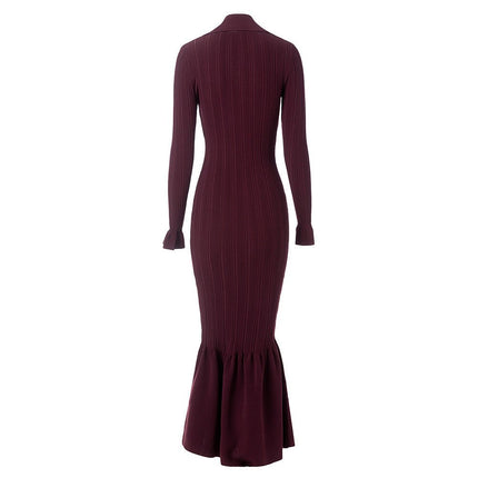 Annie wearing Deep Burgundy Knit Ribbed Bodycon Dress with Flared Hem and Button Details