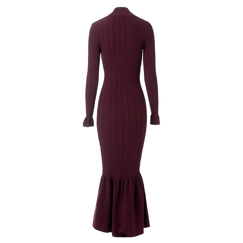 Annie wearing Deep Burgundy Knit Ribbed Bodycon Dress with Flared Hem and Button Details