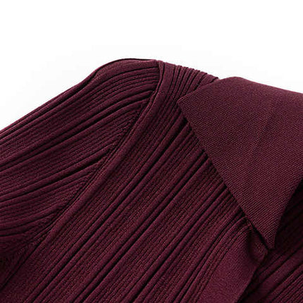 Annie in Deep Burgundy Ribbed Knit Bodycon Dress with Flared Hem and Button Details