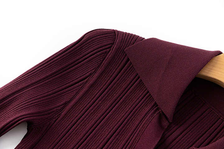 Annie in Deep Burgundy Ribbed Knit Bodycon Dress with Flared Hem and Button Details
