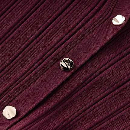 Annie wearing Deep Burgundy Ribbed Knit Bodycon Dress with Flared Hem and Button Details for Fall and Winter Formal Events
