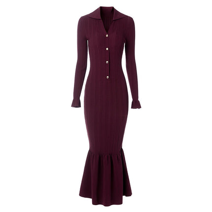 Annie wearing Deep Burgundy Ribbed Knit Dress with Flared Hem and Button Details