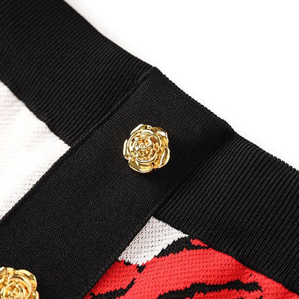 Annie Red Floral Pencil Skirt Black White Knitted Fabric Blend Gold Tone Button Brunch Cocktails Chic Contemporary