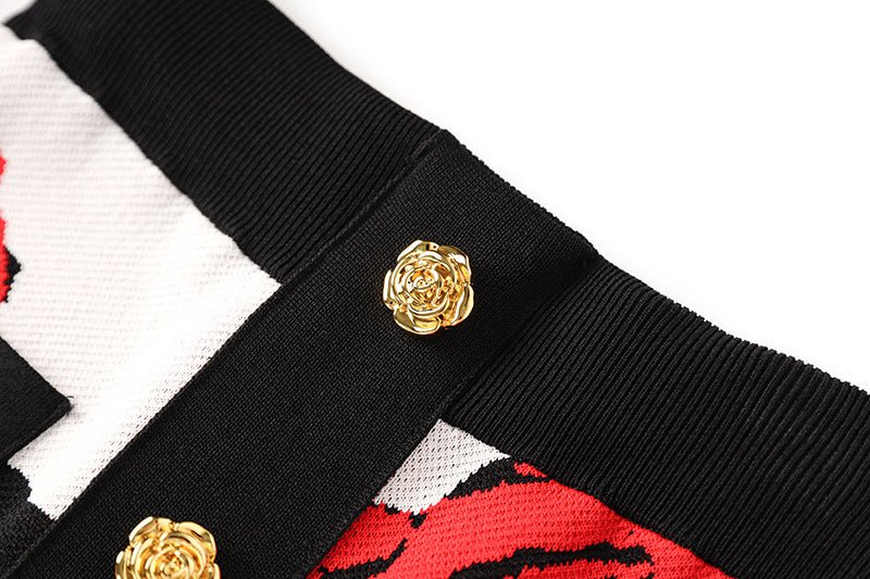 Annie Red Floral Pencil Skirt Black White Knitted Fabric Blend Gold Tone Button Brunch Cocktails Chic Contemporary