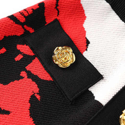 Annie Red Floral Pencil Skirt Black White Knitted Fabric Blend Gold Button Embellishments