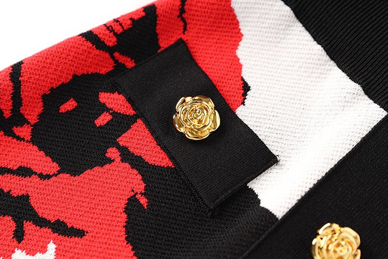 Annie Red Floral Pencil Skirt Knitted Fabric Blend Gold Button Embellishments