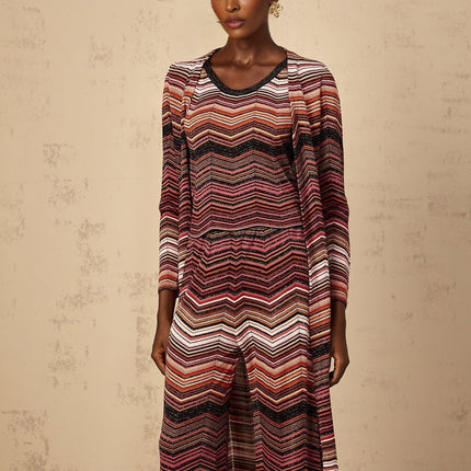 Annie Red Striped Knit Open Front Maxi Cardigan