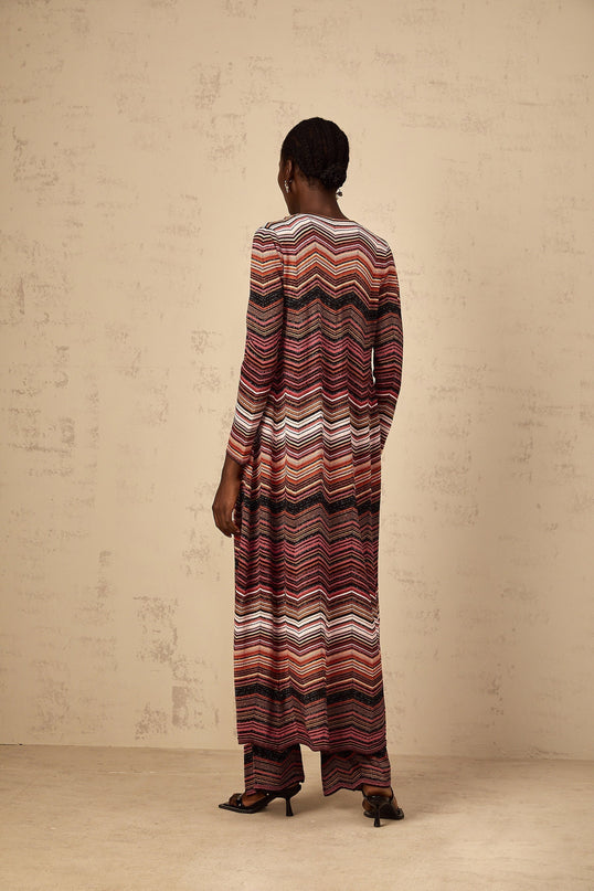 Annie Red Striped Knit Open Front Maxi Cardigan