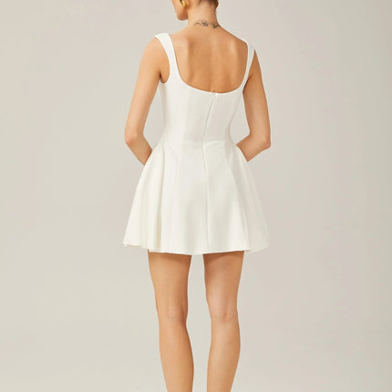 Annie White Flared Square Neck Sleeveless Mini Dress with Wide Shoulder Straps and Pleated Detailing