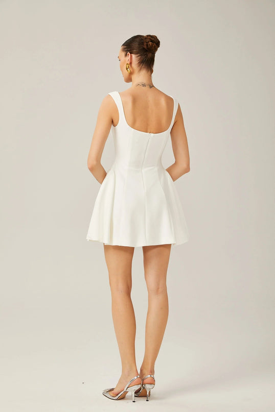Annie White Flared Square Neck Sleeveless Mini Dress with Wide Shoulder Straps and Pleated Detailing