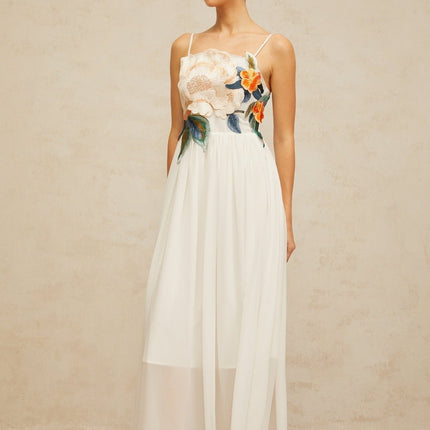 Annie White Floral Embroidered Maxi Dress with Shirred Detail