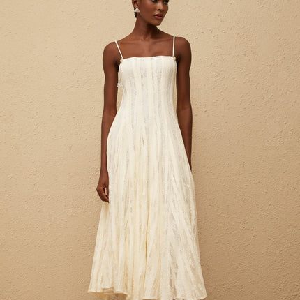Annie White Lace Midi Dress with Crystal Embellishments