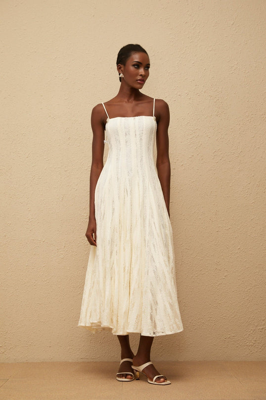 Annie White Lace Midi Dress with Crystal Embellishments