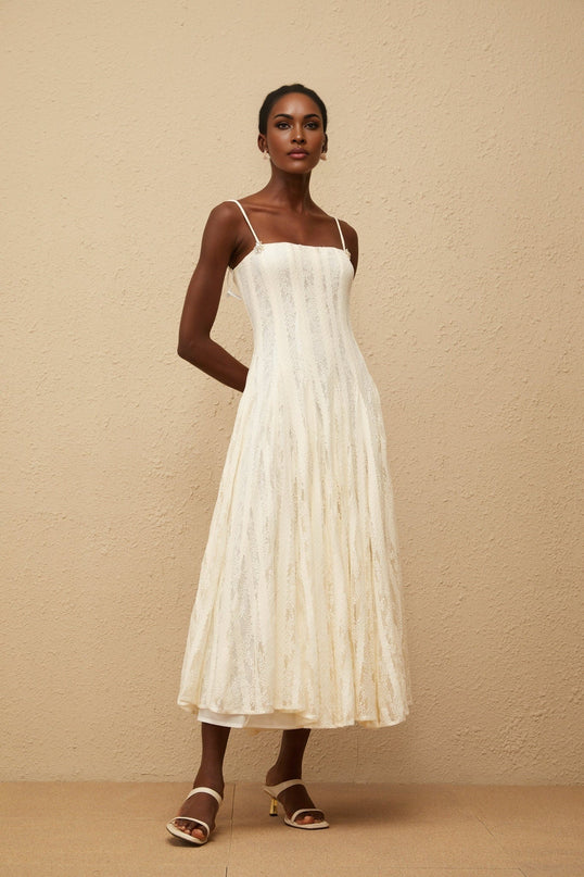 Annie White Lace Midi Dress with Crystal Embellishments