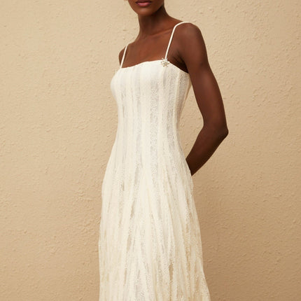 Annie White Lace Midi Dress with Crystal Embellishments
