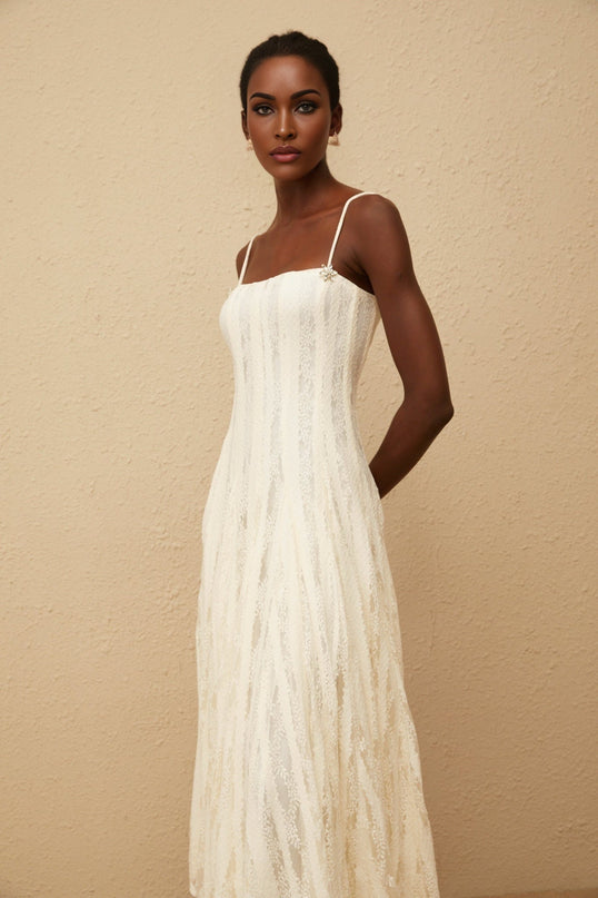 Annie White Lace Midi Dress with Crystal Embellishments