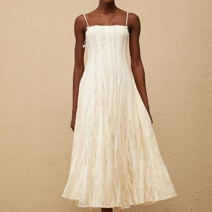 Annie White Lace Overlay Midi Dress with Crystal Embellishments