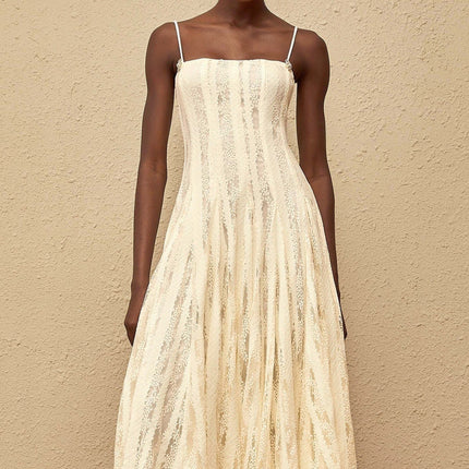 Annie White Lace Overlay Midi Dress with Crystal Embellishments