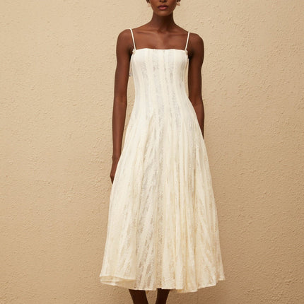 Annie White Lace Overlay Midi Dress with Crystal Embellishments