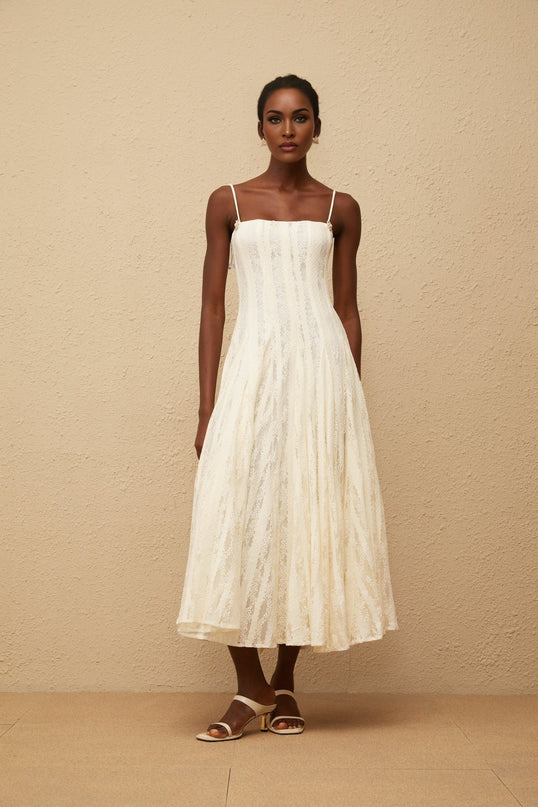 Annie White Lace Overlay Midi Dress with Crystal Embellishments