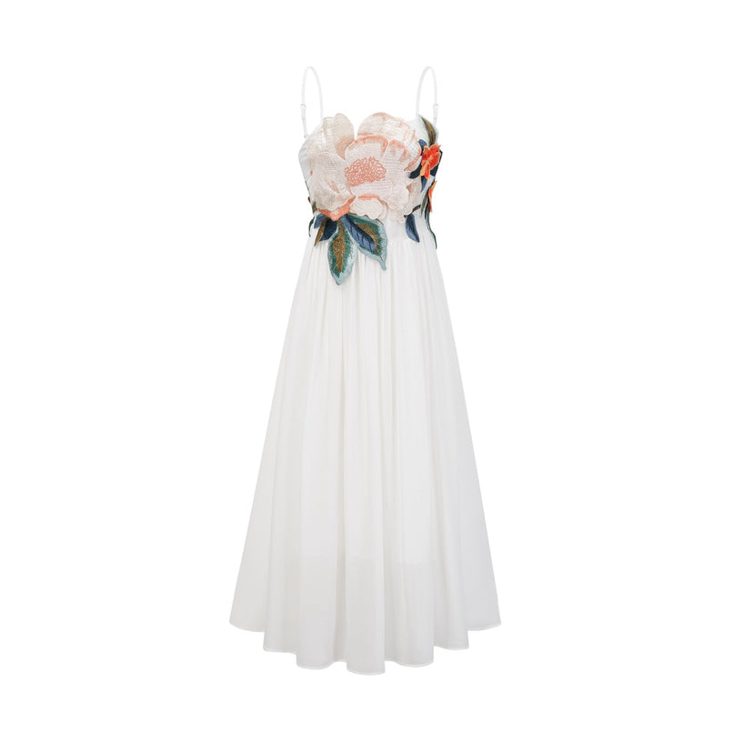 Annie White Maxi Dress with Floral Embroidery and Shirred Detail