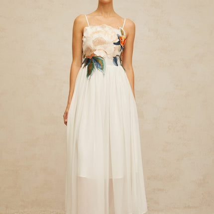Annie White Maxi Dress with Floral Embroidery and Shirred Detail