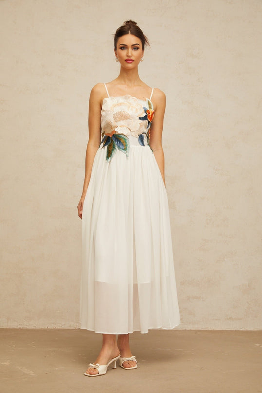 Annie White Maxi Dress with Floral Embroidery and Shirred Detail