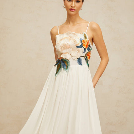 Annie White Maxi Dress with Floral Embroidery and Shirred Detail