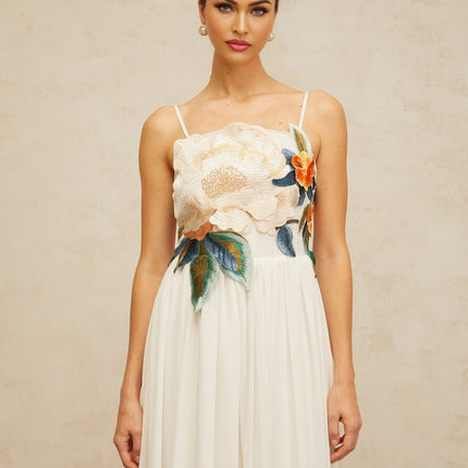 Annie White Maxi Dress with Floral Embroidery and Shirred Detail