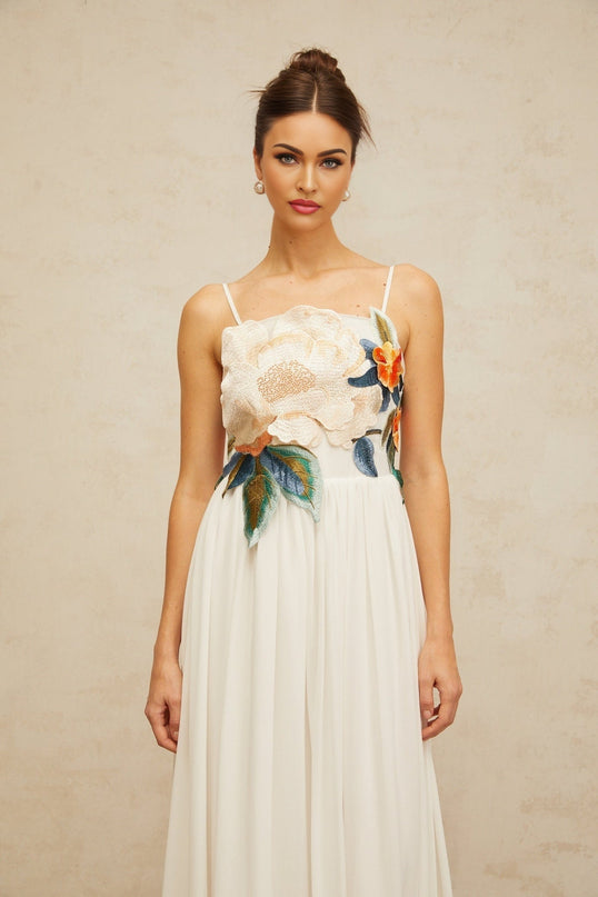 Annie White Maxi Dress with Floral Embroidery and Shirred Detail