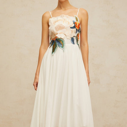 Annie White Maxi Dress with Floral Embroidery and Shirred Detail