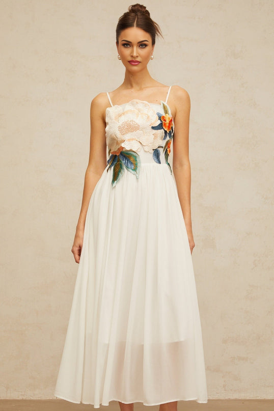 Annie White Maxi Dress with Floral Embroidery and Shirred Detail