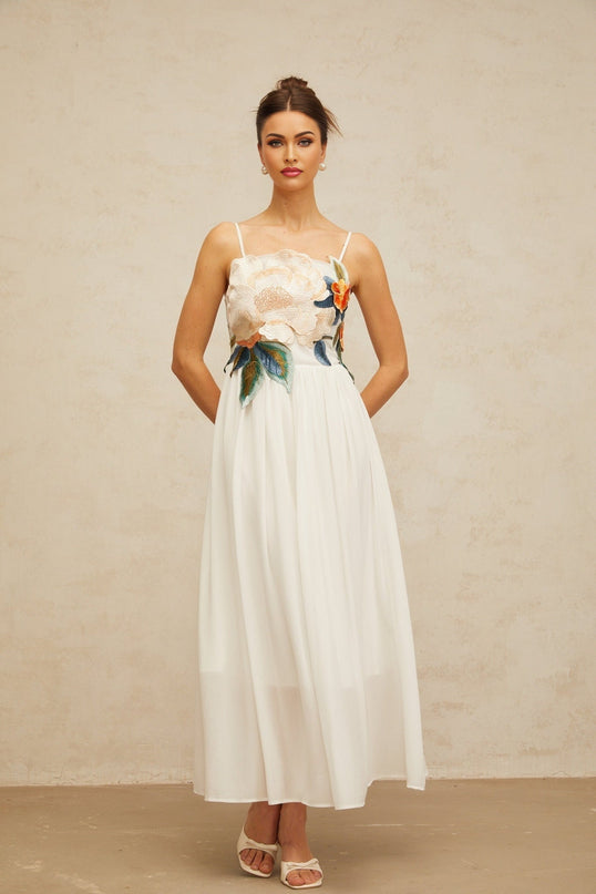 Annie White Maxi Dress with Floral Embroidery and Shirred Detail