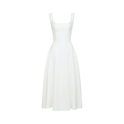Annie White Midi Dress Square Neckline Pleated Detailing Waist-Tightened Flared Skirt 57% Polyester Fiber 40% Nylon 3% Spandex