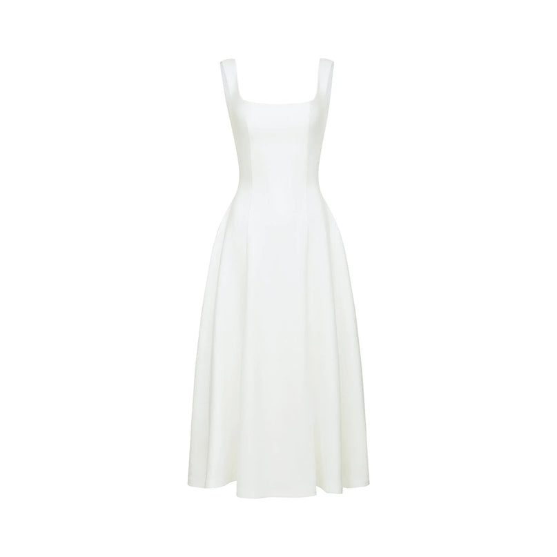 Annie White Midi Dress Square Neckline Pleated Detailing Waist-Tightened Flared Skirt 57% Polyester Fiber 40% Nylon 3% Spandex
