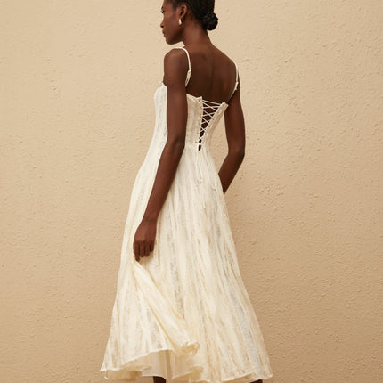 Annie White Midi Dress Square Neck Lace Overlay Crystal Embellishments