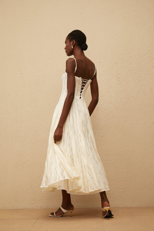 Annie White Midi Dress Square Neck Lace Overlay Crystal Embellishments