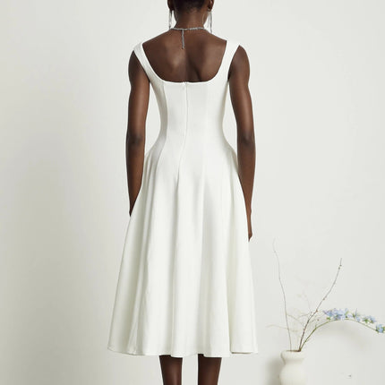 Annie White Midi Dress Square Neckline Pleated Detailing Waist-Tightened Flared Skirt 57% Polyester Fiber 40% Nylon 3% Spandex