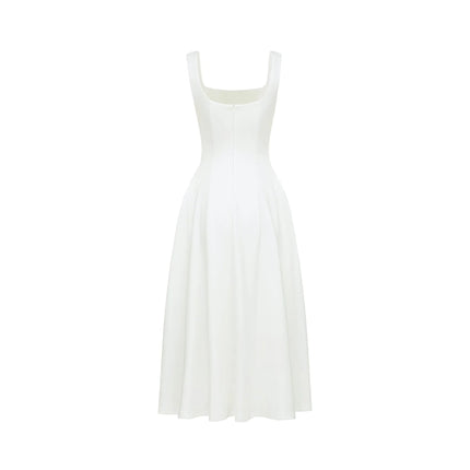 Annie White Square Neckline Pleated Midi Dress Polyester Nylon Spandex